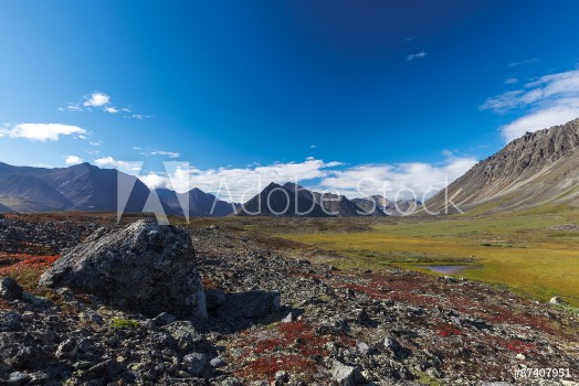 Picture of Colorful rocky tundra in front of river valley between mountain